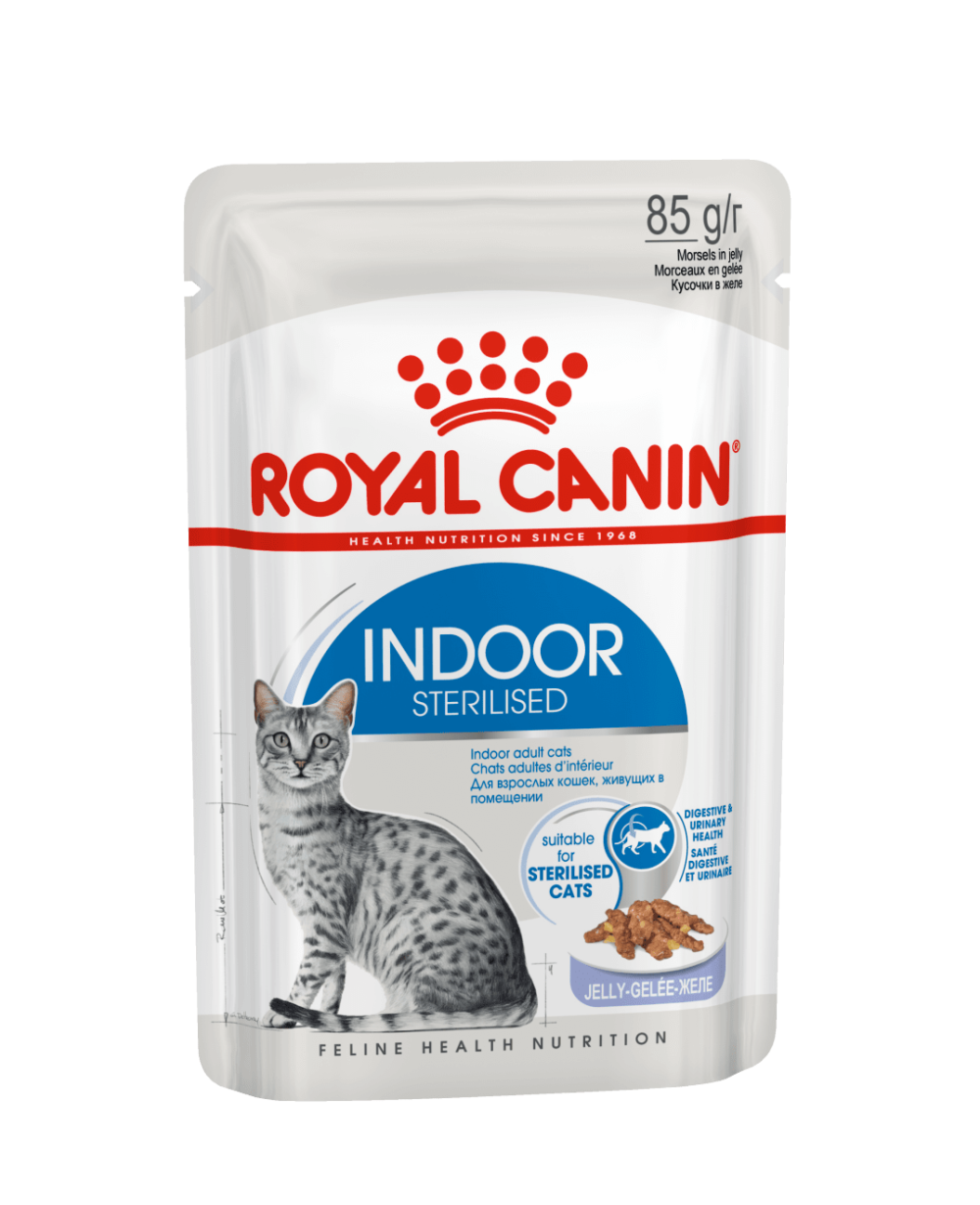 ROYAL CANIN INDOOR JELLY КАСТРИРАНИ ДОМАШНИ КОТКИ ПАУЧ ХАПКИ В ЖЕЛЕ 12бр.х85гр.
