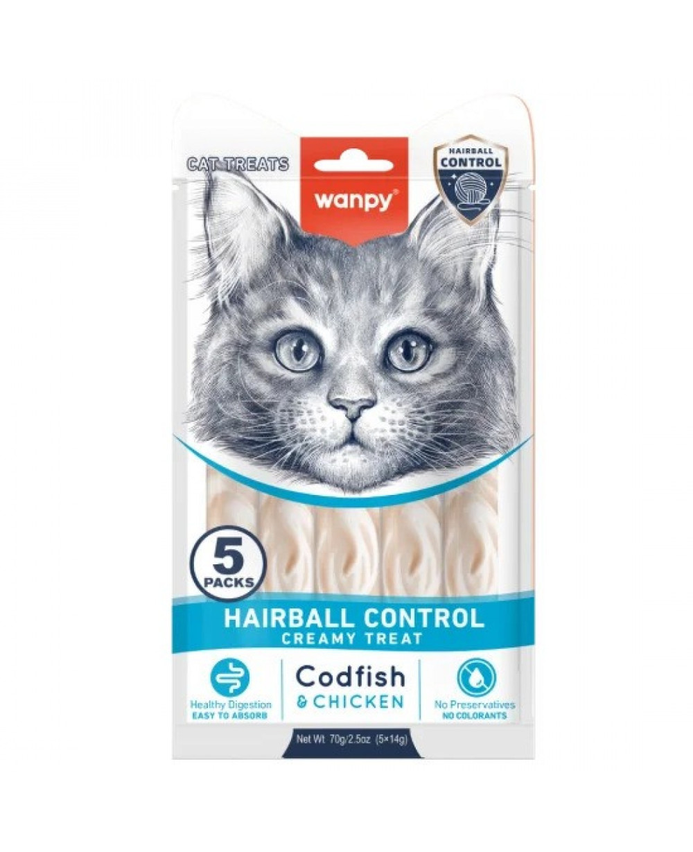 Wanpy Cat Hairball Control за котки, срещу топки косми, с риба треска и пилешко, 5х14г.
