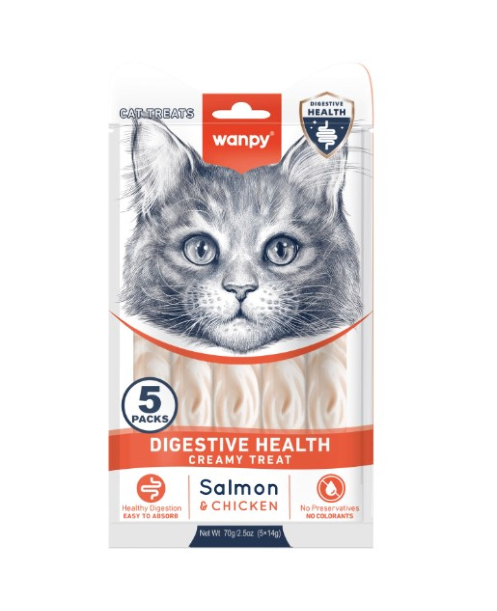 Wanpy Cat Digestive Health -лакомство за котки, за добро храносмилане, пилешко и сьомга, 5х14г.