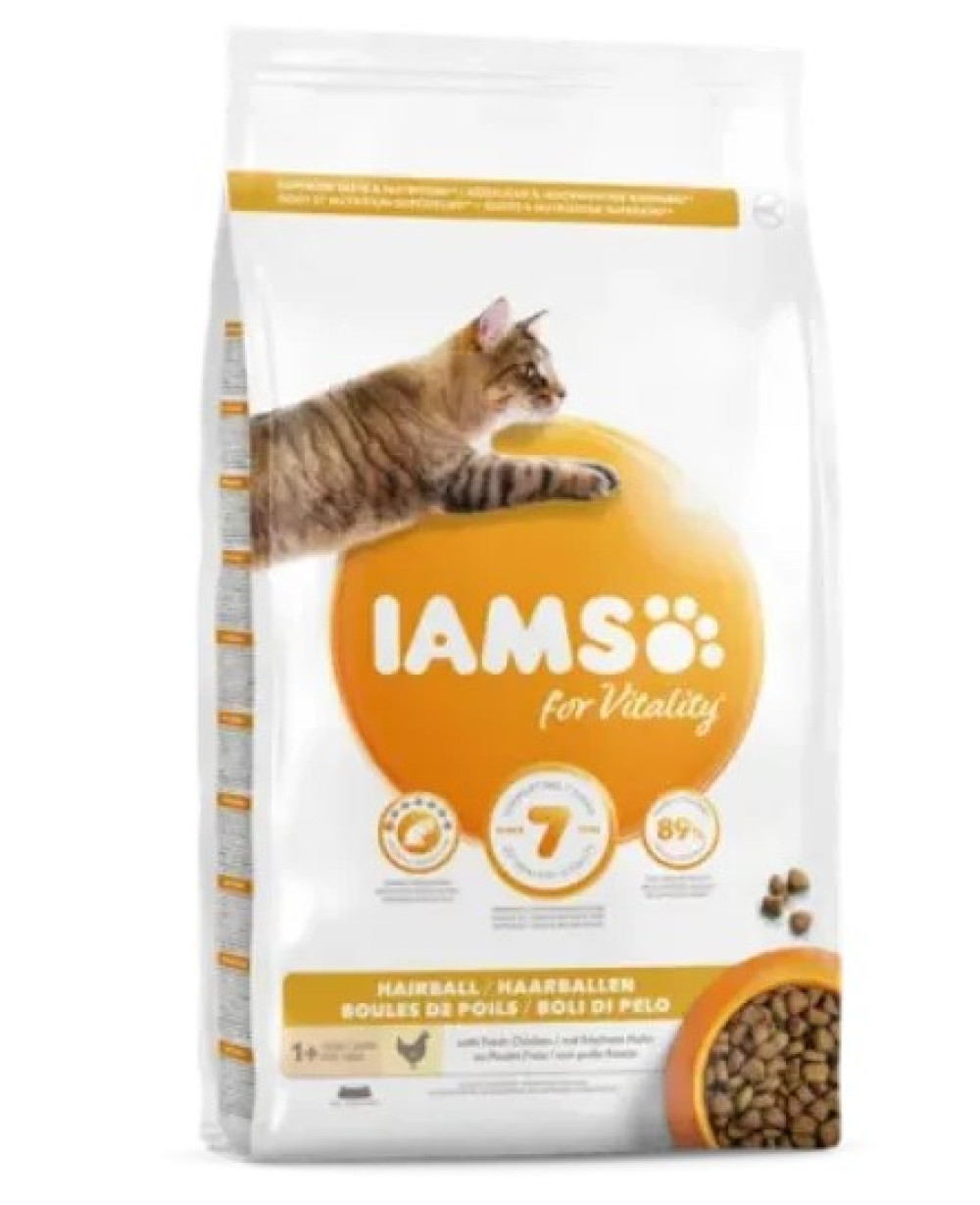 Iams Adult Cat Hairball - суха храна против сплъстяване на козината с пилешко месо 10кг.