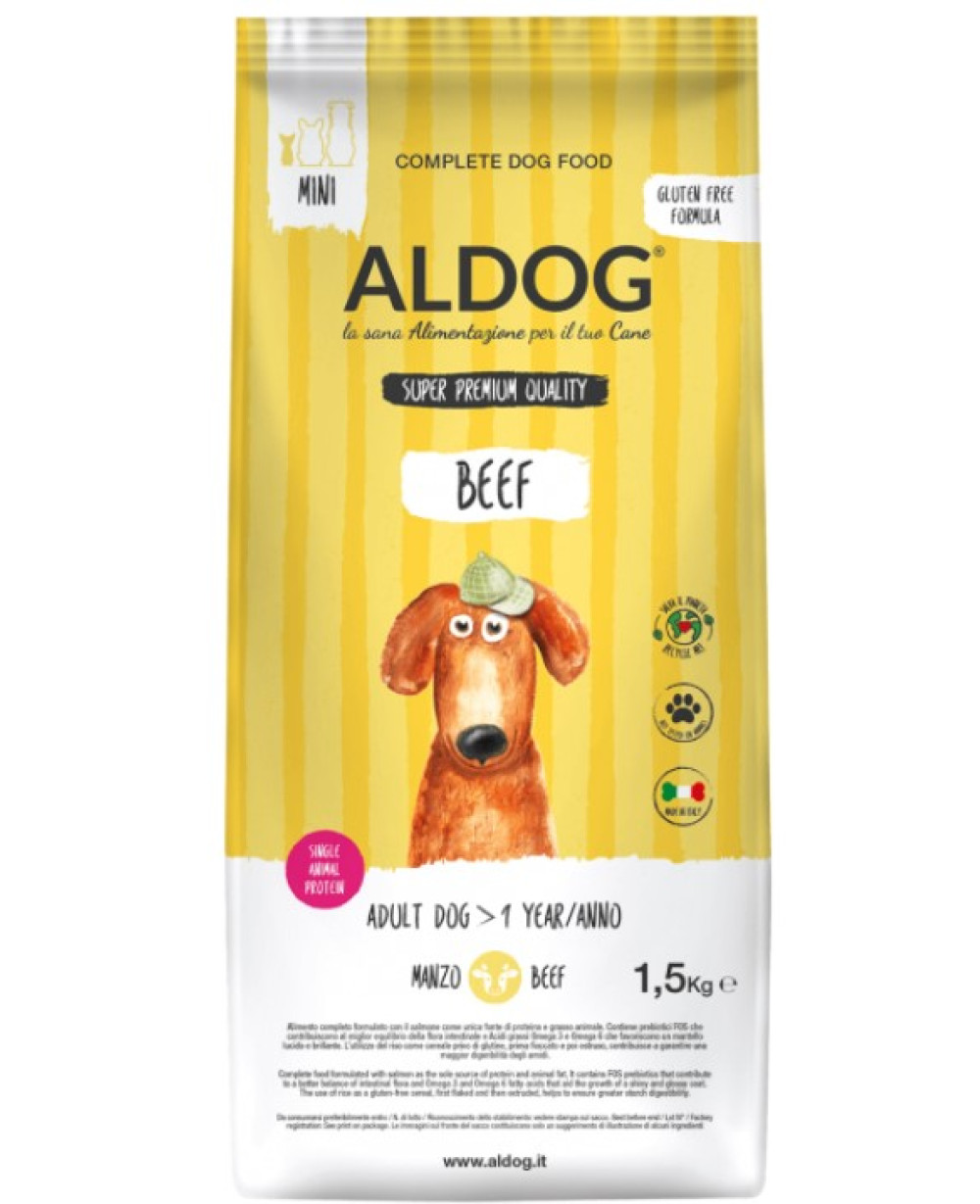 Aldog Beef Mini - безглутенова, суперпремиум формула с телешко и ориз 8кг.