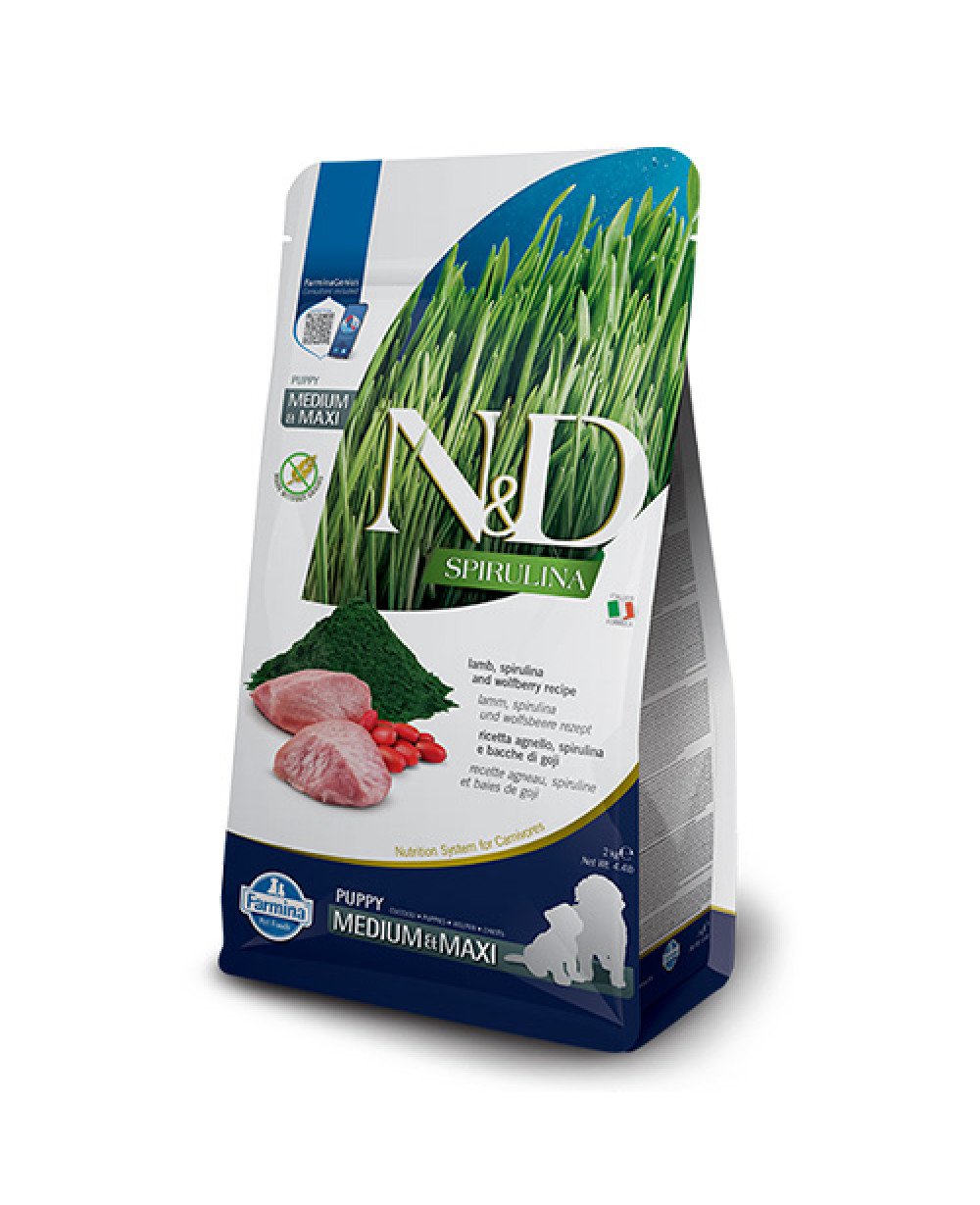 N&D SPIRULINA DOG PUPPY MED&MAXI - с агне и годжи бери 7кг.