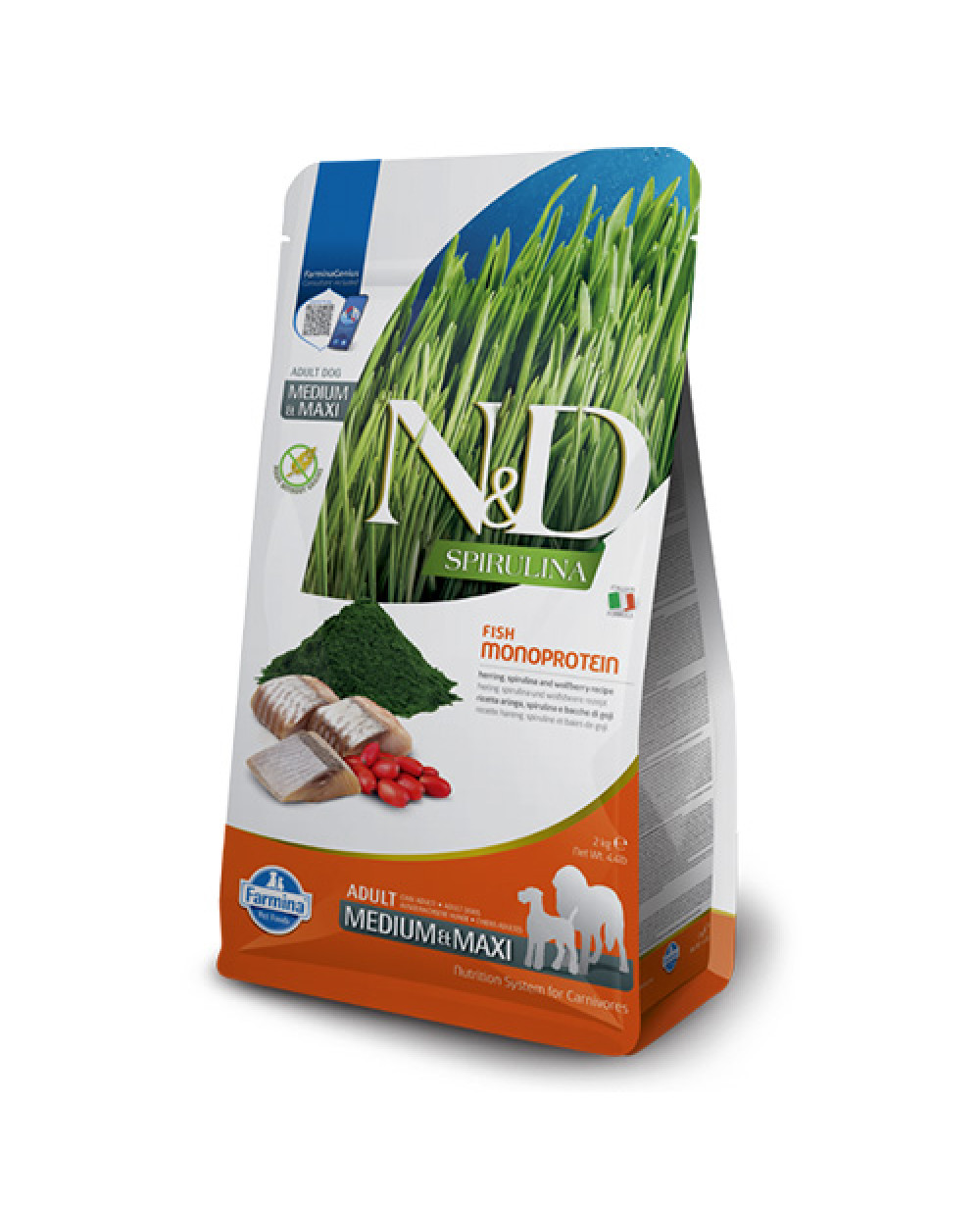 N&D SPIRULINA DOG AD. MED&MAXI - със спирулина и херинга 7кг.
