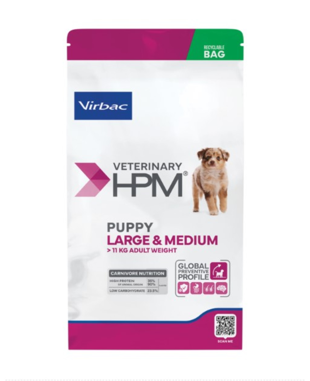 Суха храна VIRBAC VETERINARY HPM PUPPY LARGE&MEDIUM за средни и едри породи до 6 м, 12 kg.