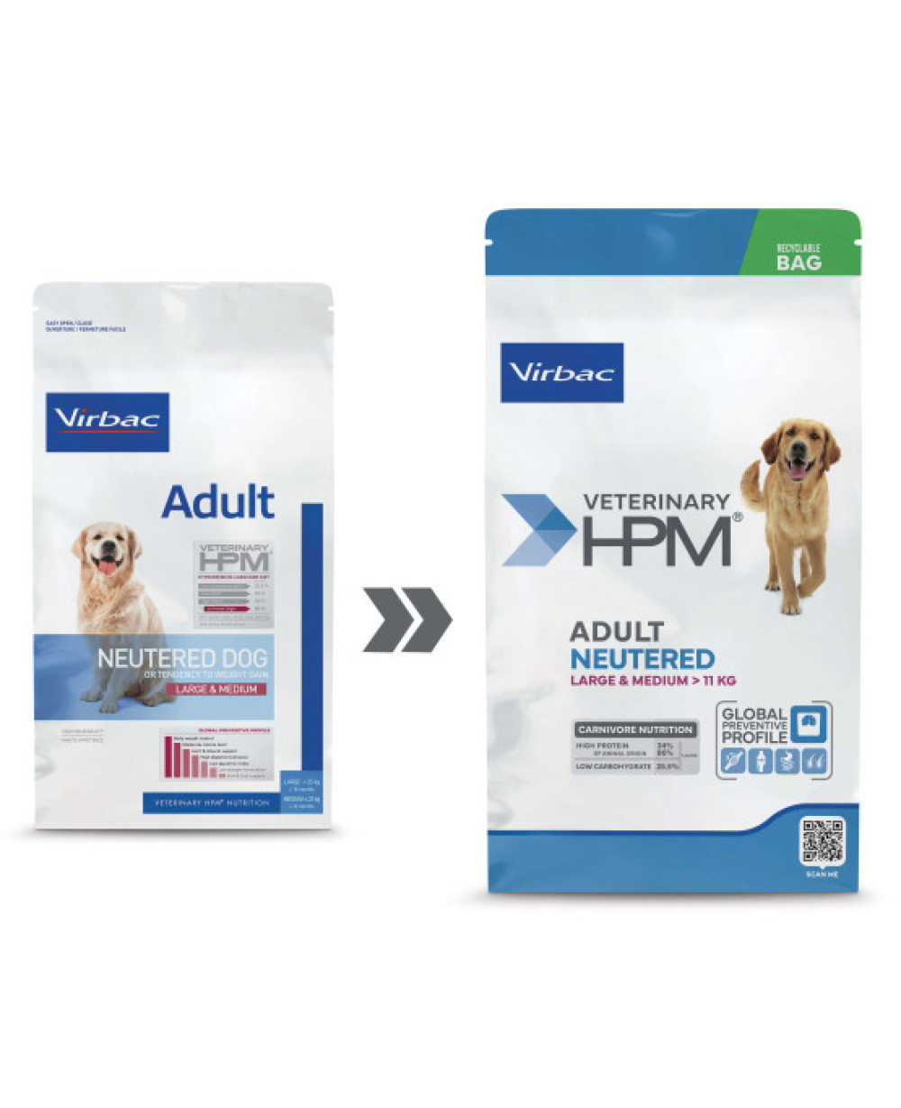 Суха храна VIRBAC VETERINARY HPM ADULT NEUTERED LARGE & MEDIUM за кастрирани кучета  12 kg.