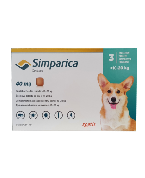 SIMPARICA -ТАБЛЕТКА ЗА ВЪНШНО ОБЕЗПАРАЗИТЯВАНЕ ПРИ КУЧЕТА С ТЕГЛО 10-20 КГ.1 таб.