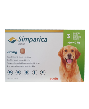 SIMPARICA -ТАБЛЕТКА  ЗА ВЪНШНО ОБЕЗПАРАЗИТЯВАНЕ ПРИ КУЧЕТА С ТЕГЛО 20-40 КГ. 1таб.
