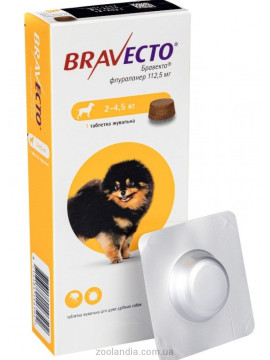 Bravecto- дъвчаща таблетка за външно обезпаразитяване за кучета с тегло  2-4.5 кг. 1бр.